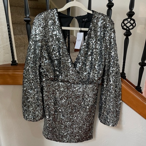 O.P.T. Sequin V-Neck Long Sleeve Rumi Mini Cocktail Dress New! - Picture 12 of 14